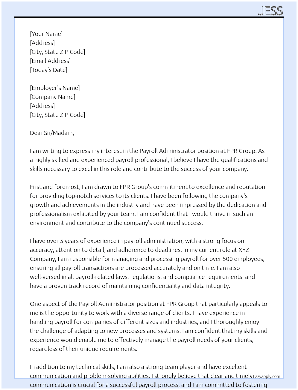 Payroll Administrator At FPR Group Cover Letter