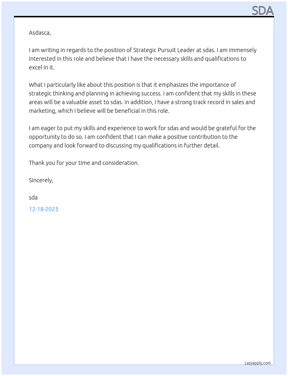 Strategic pursuite leader At \sdas Cover Letter