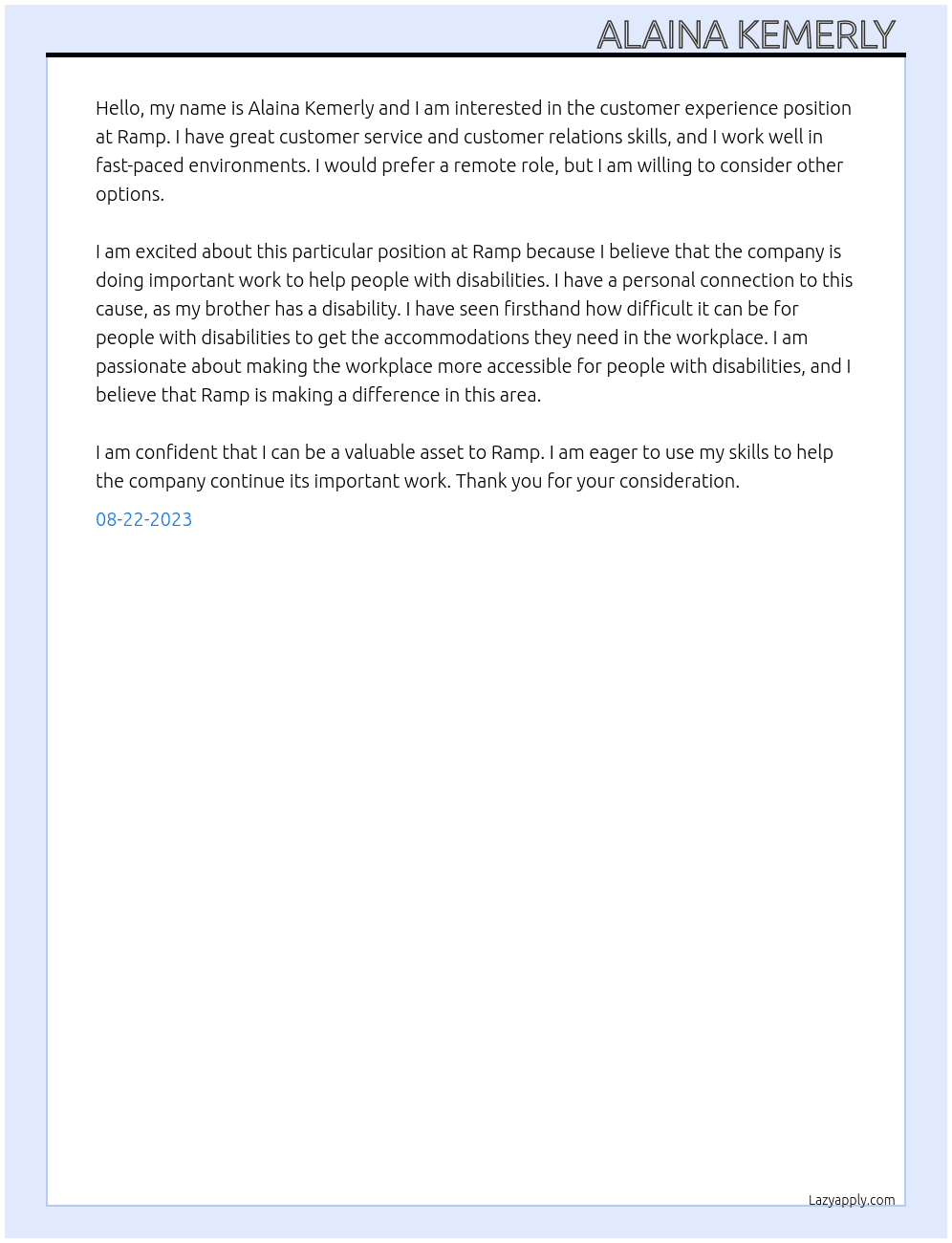 Customer experience  At Ramp Cover Letter