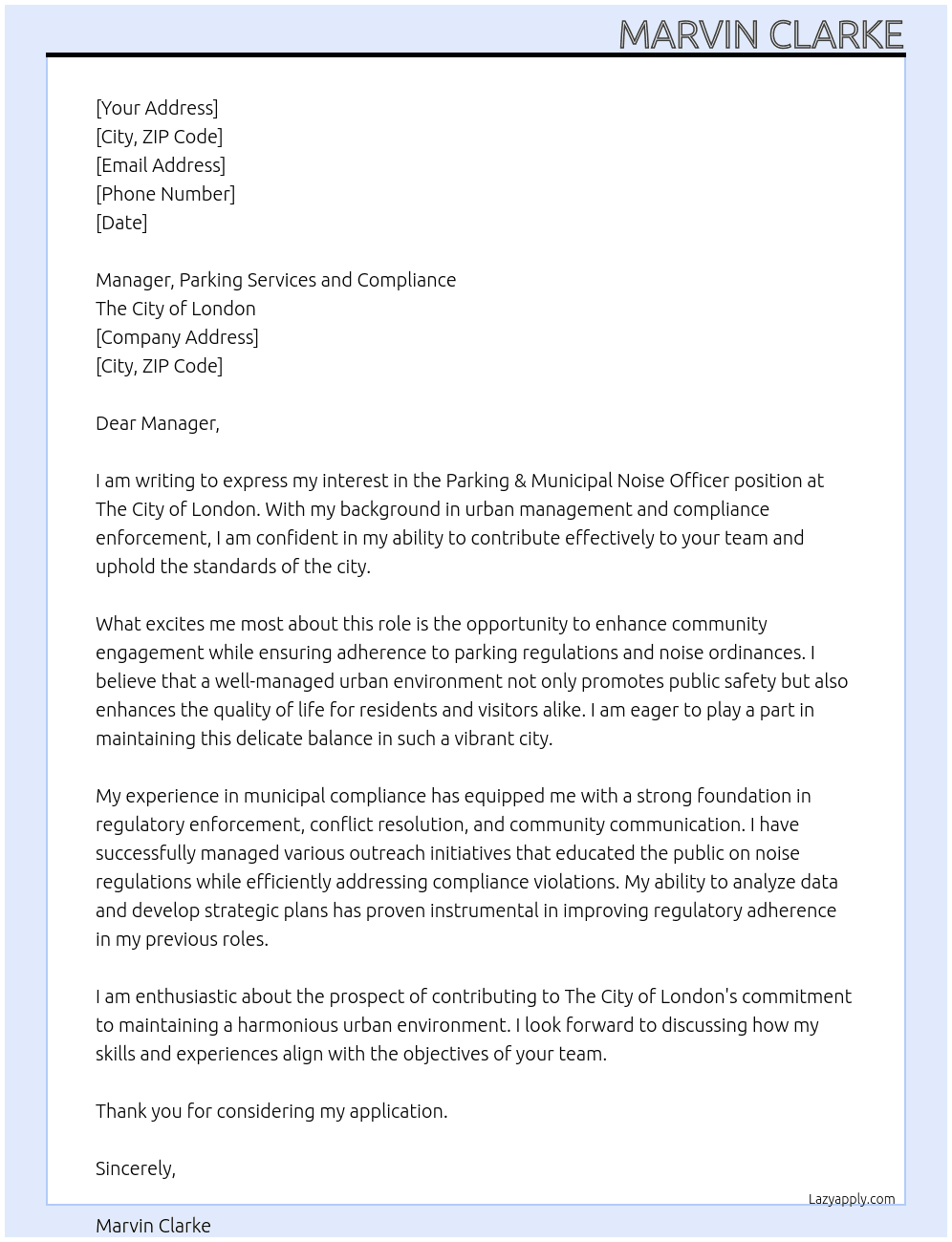 Parking & Municipal Noise  Officer At The City of London Cover Letter