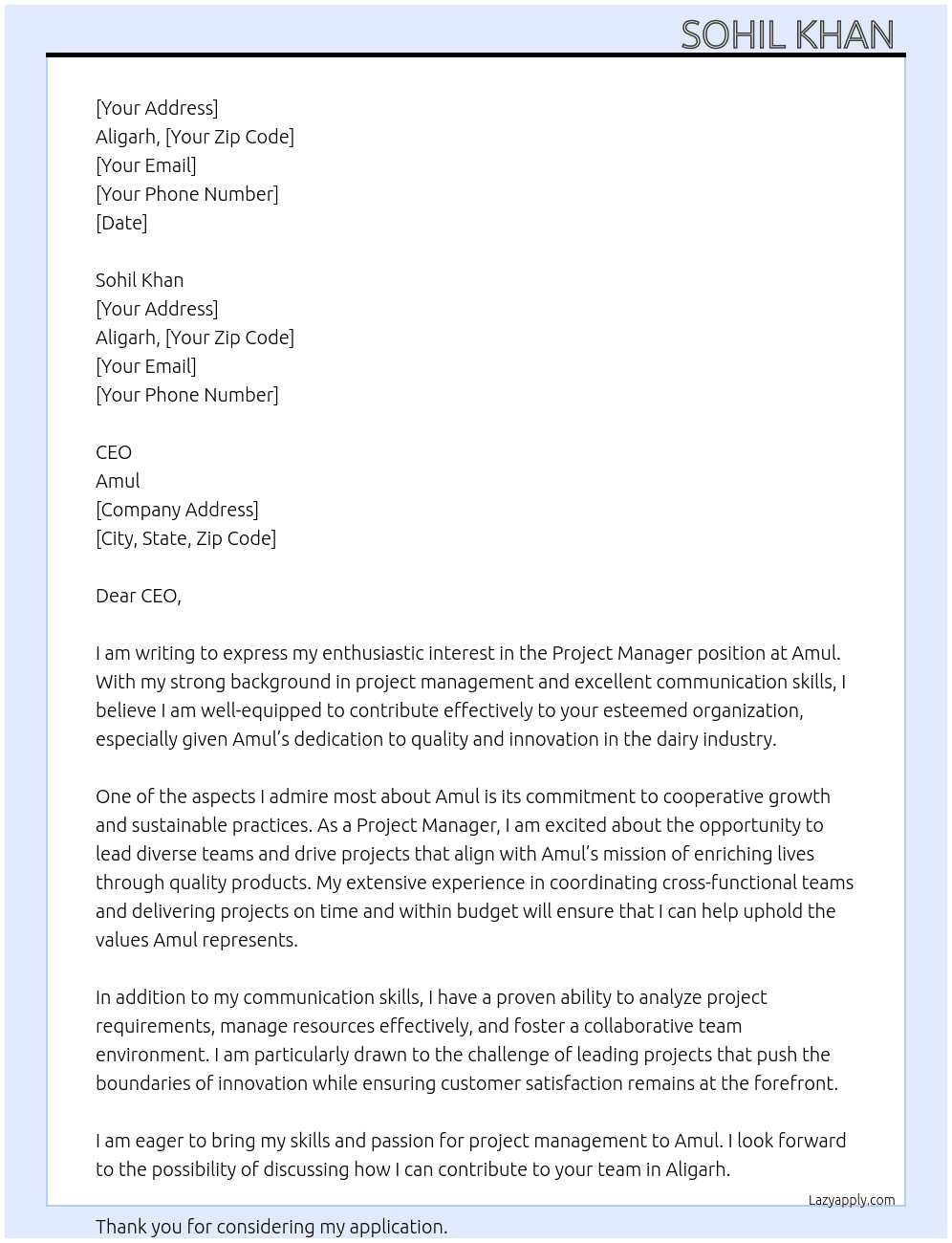 Project manager  At Amul Cover Letter