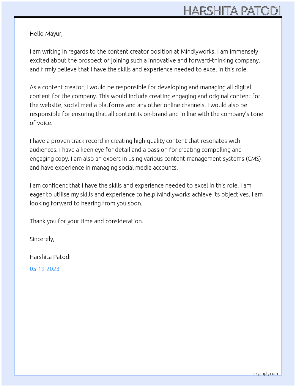 content creator At Mindlyworks  Cover Letter