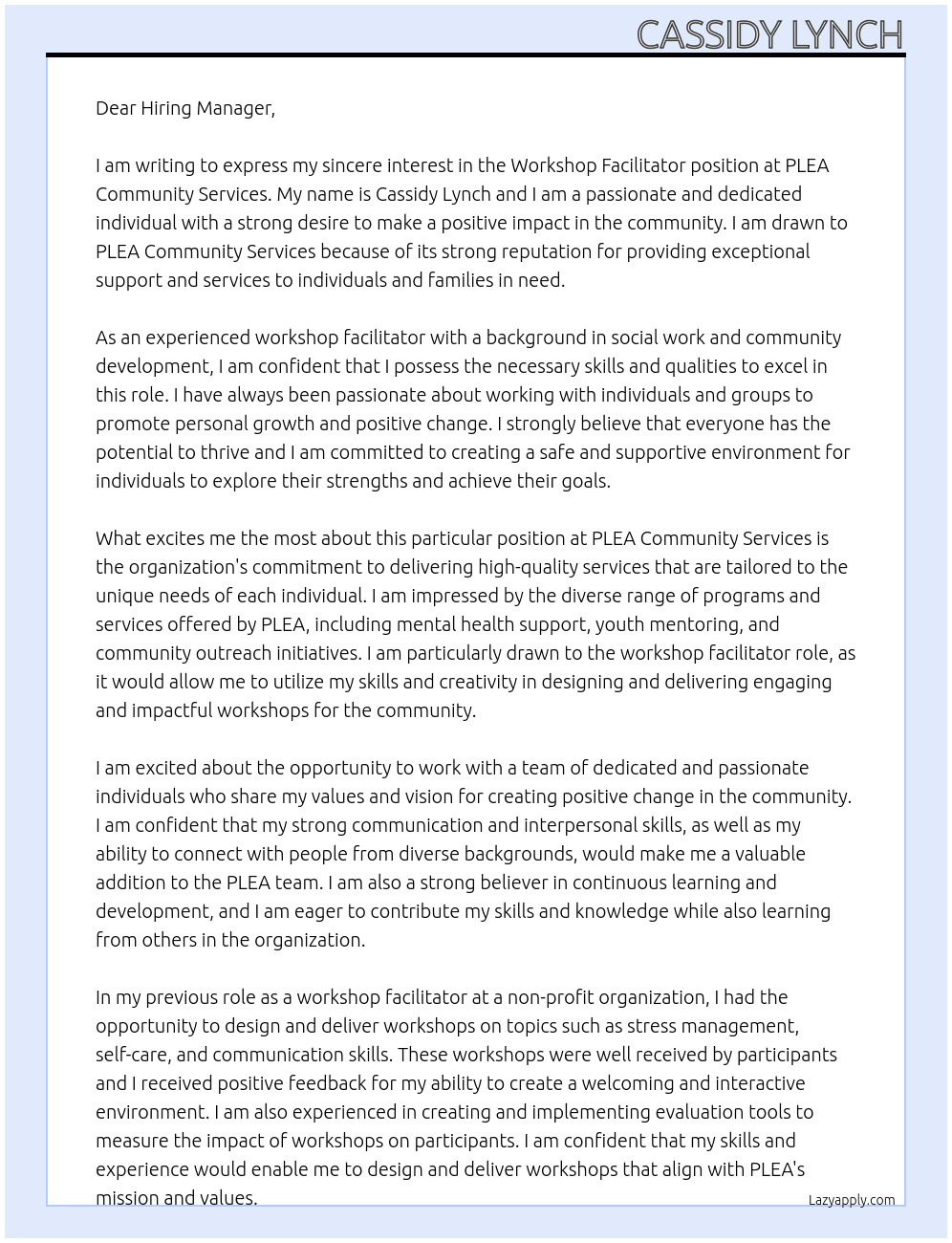 Workshop Facilitator At PLEA Community Servises Cover Letter