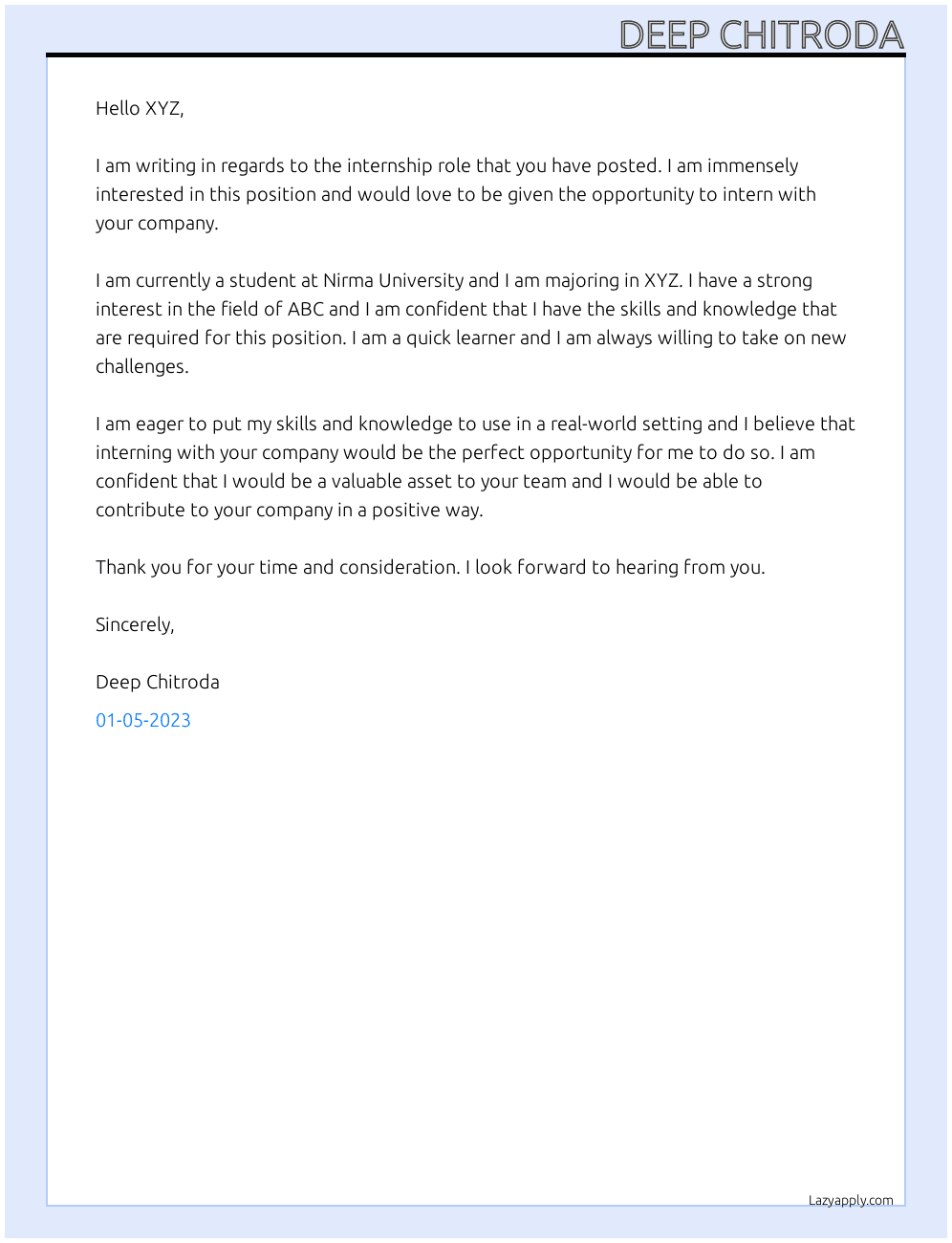 Student At Nirma Univerity Cover Letter