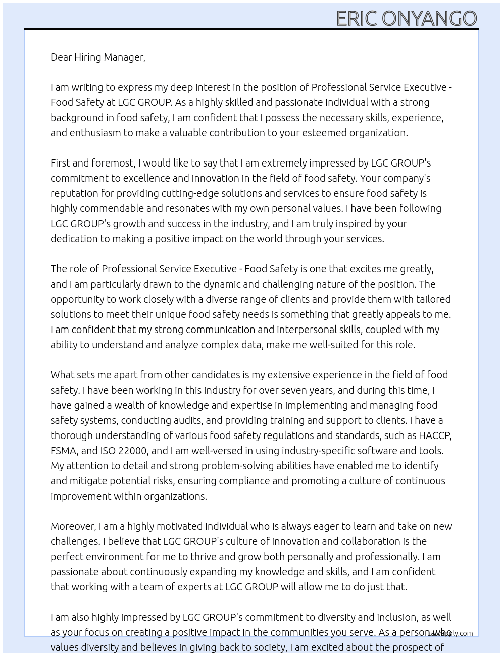 Professional Service Executive -Food Safety At LGC GROUP Cover Letter