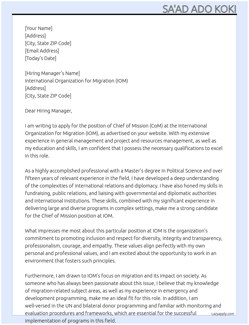 Chief of Mission (CoM) At International Organization for Migration (IOM) Cover Letter
