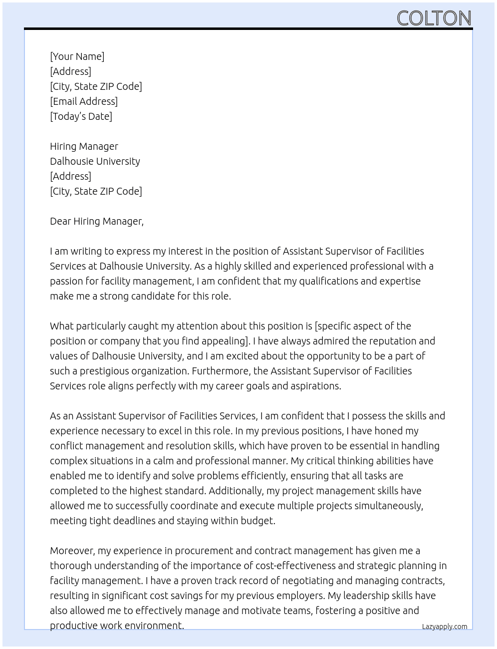 Assistant Supervisor of Facilities Services At Dalhousie University  Cover Letter