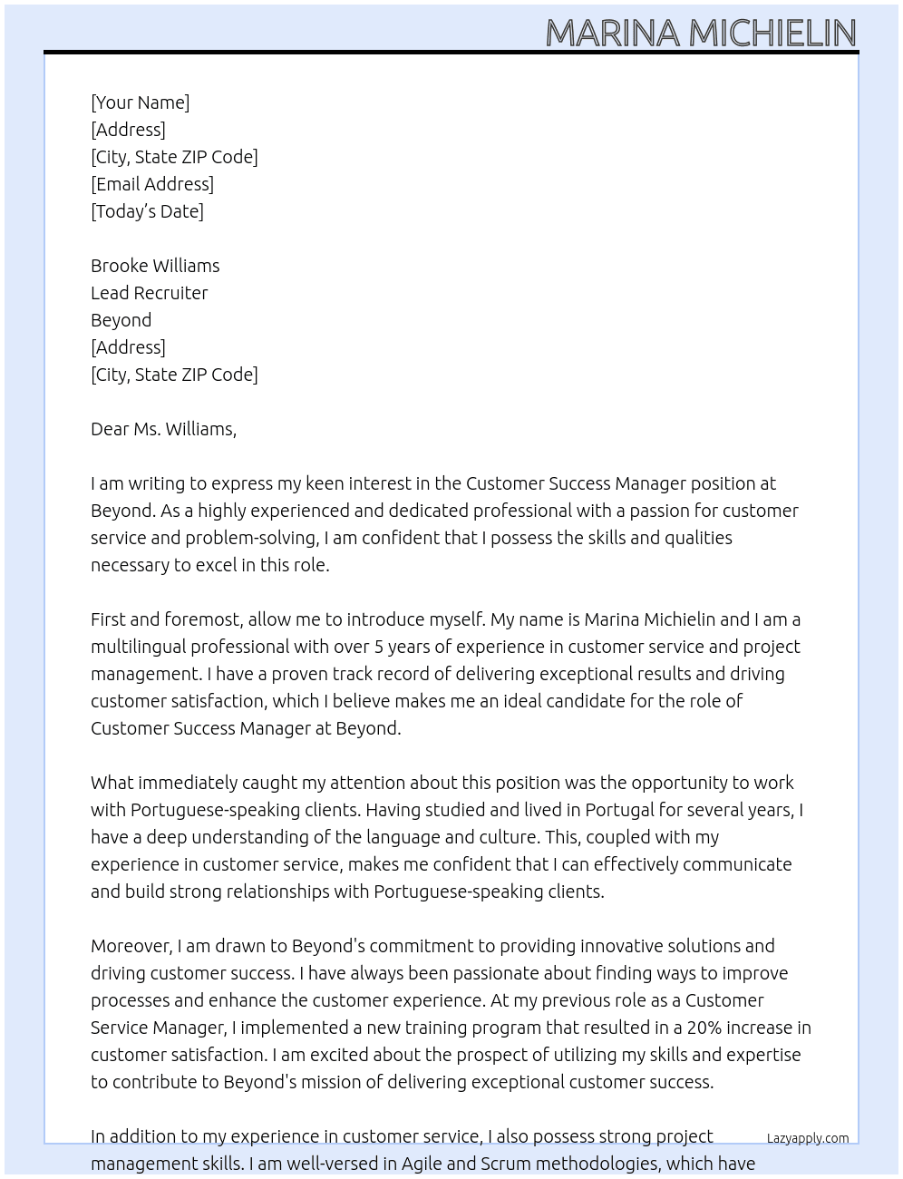 Customer Success Manager, Portuguese Speaking At Beyond  Cover Letter