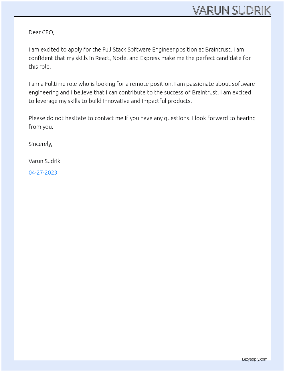 Full Stack Software Engineer At Braintrust Cover Letter