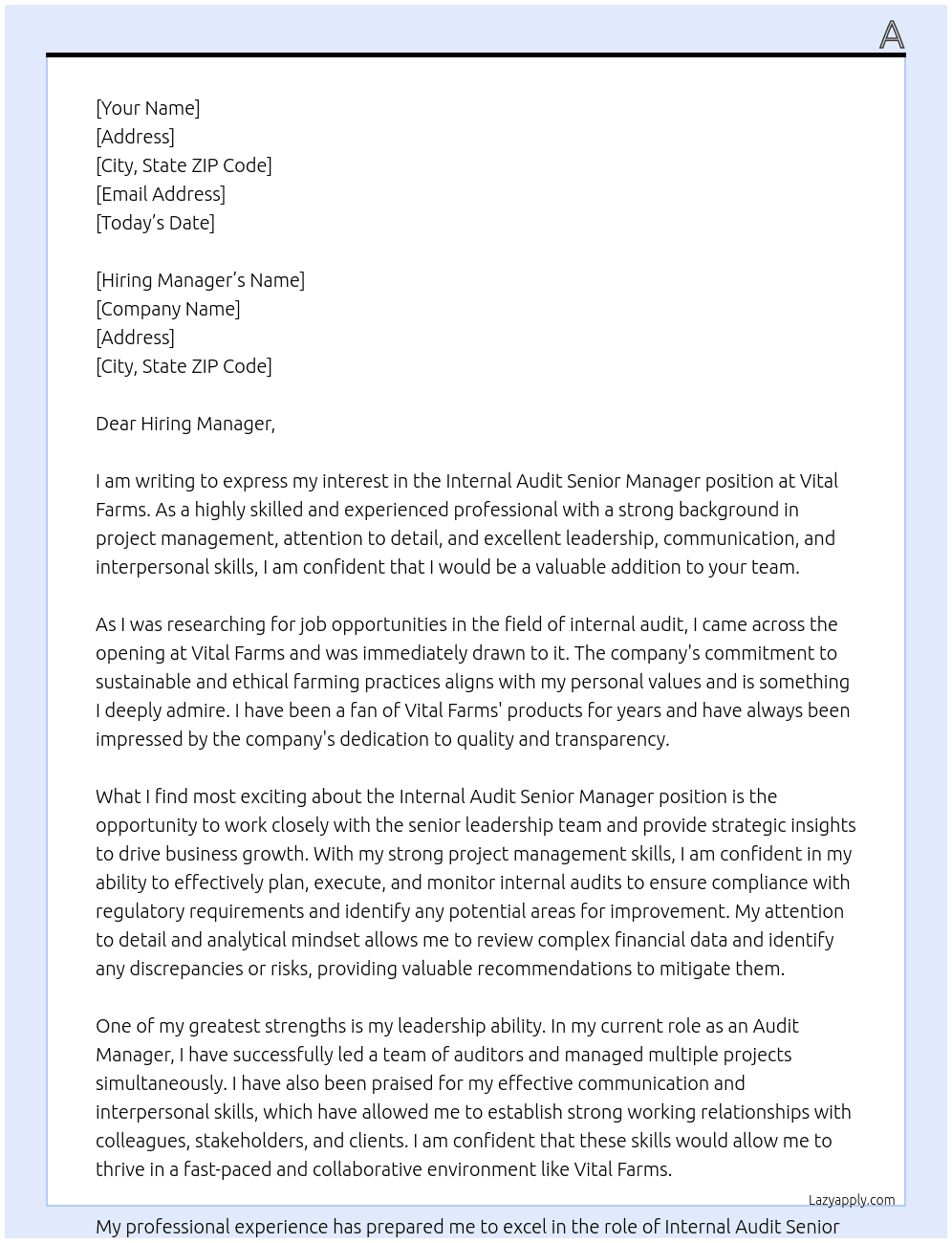 Internal Audit Senior Manager At Vital Farms Cover Letter