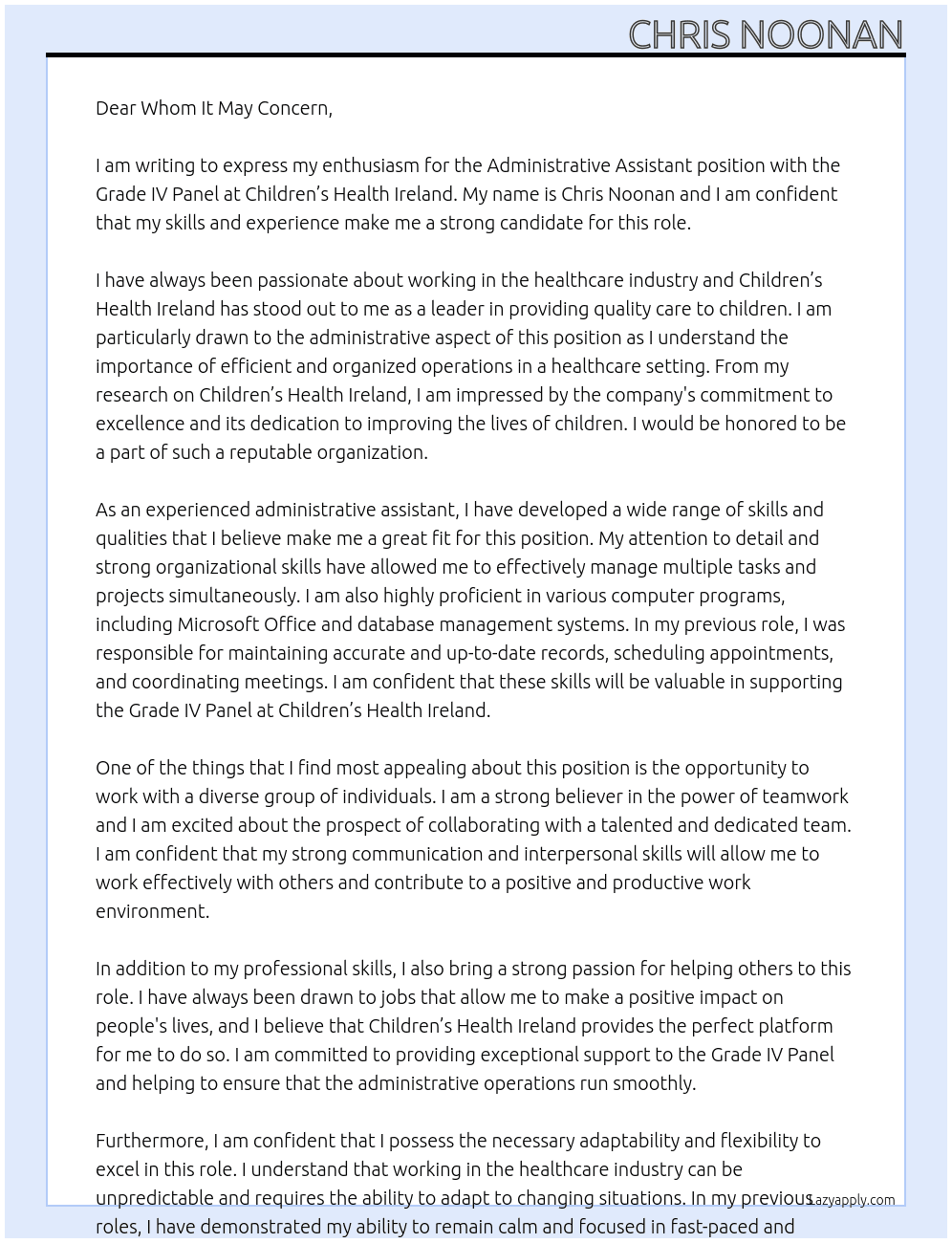Administrative Assistant, Grade IV Panel At Children’s Health Ireland  Cover Letter