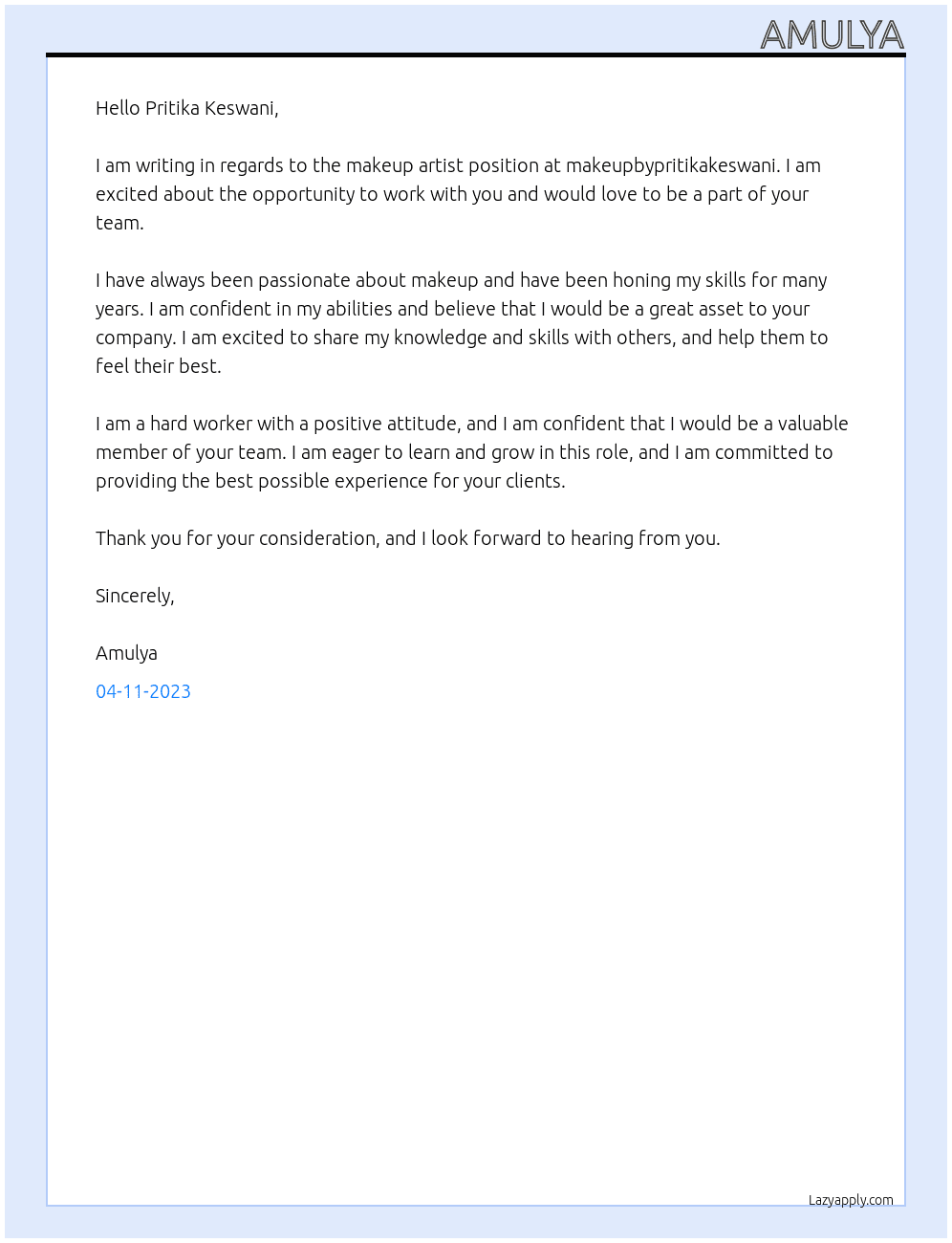 makeup artist At makeupbypritikakeswani Cover Letter