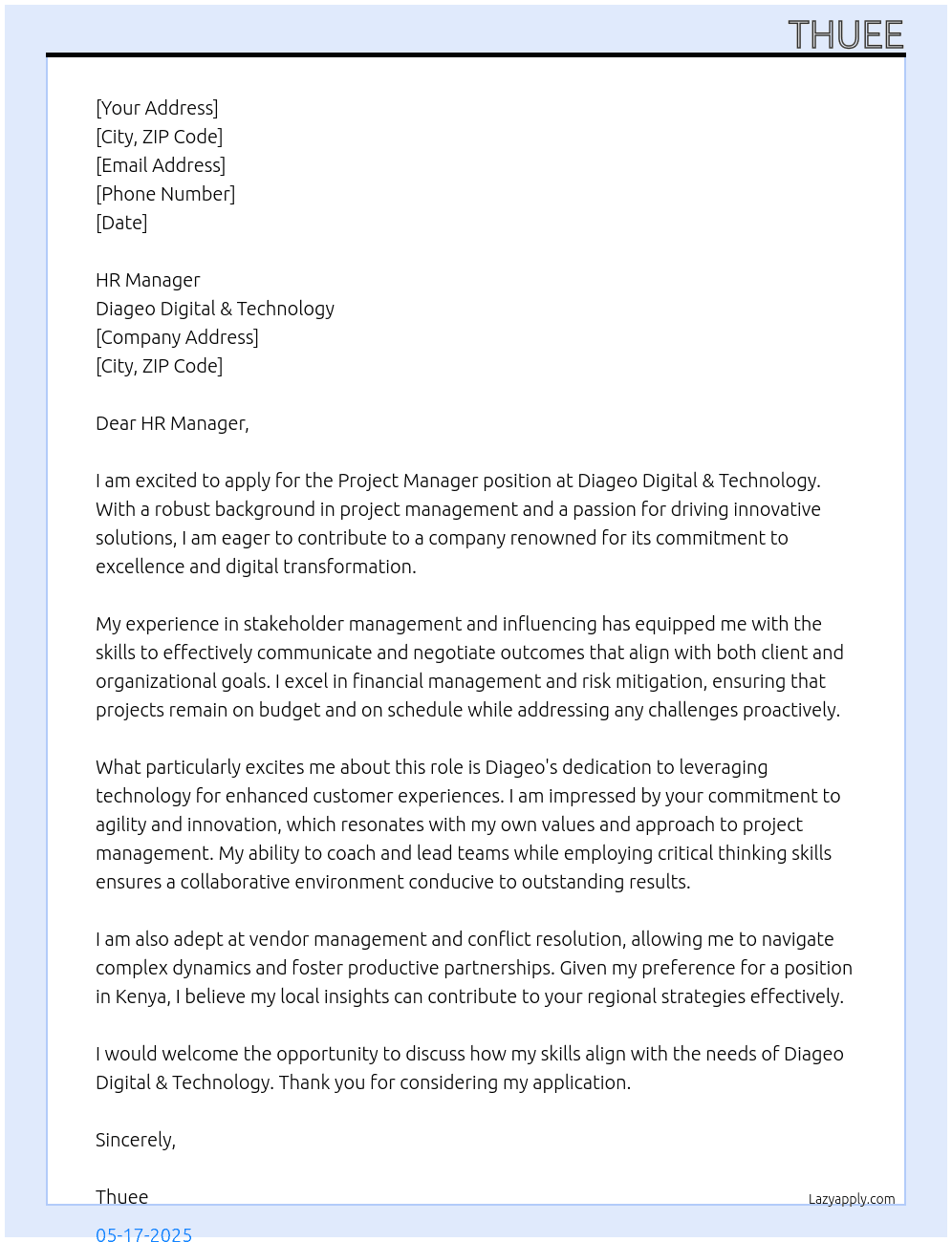 Project Manager At Diageo Digital & Technology  Cover Letter