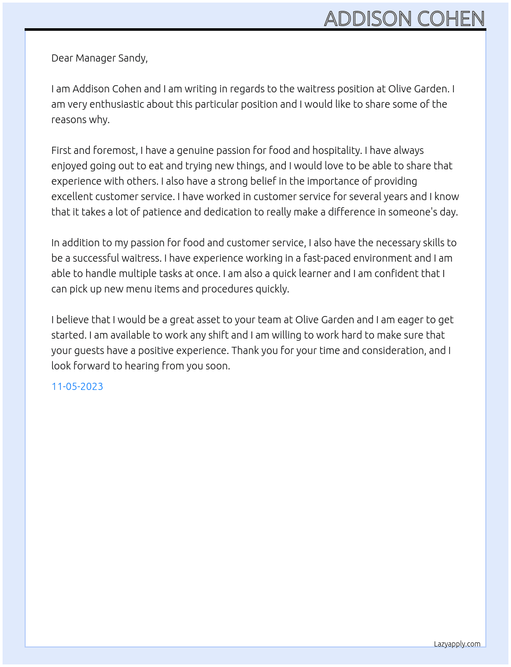 waitress At waitress Cover Letter