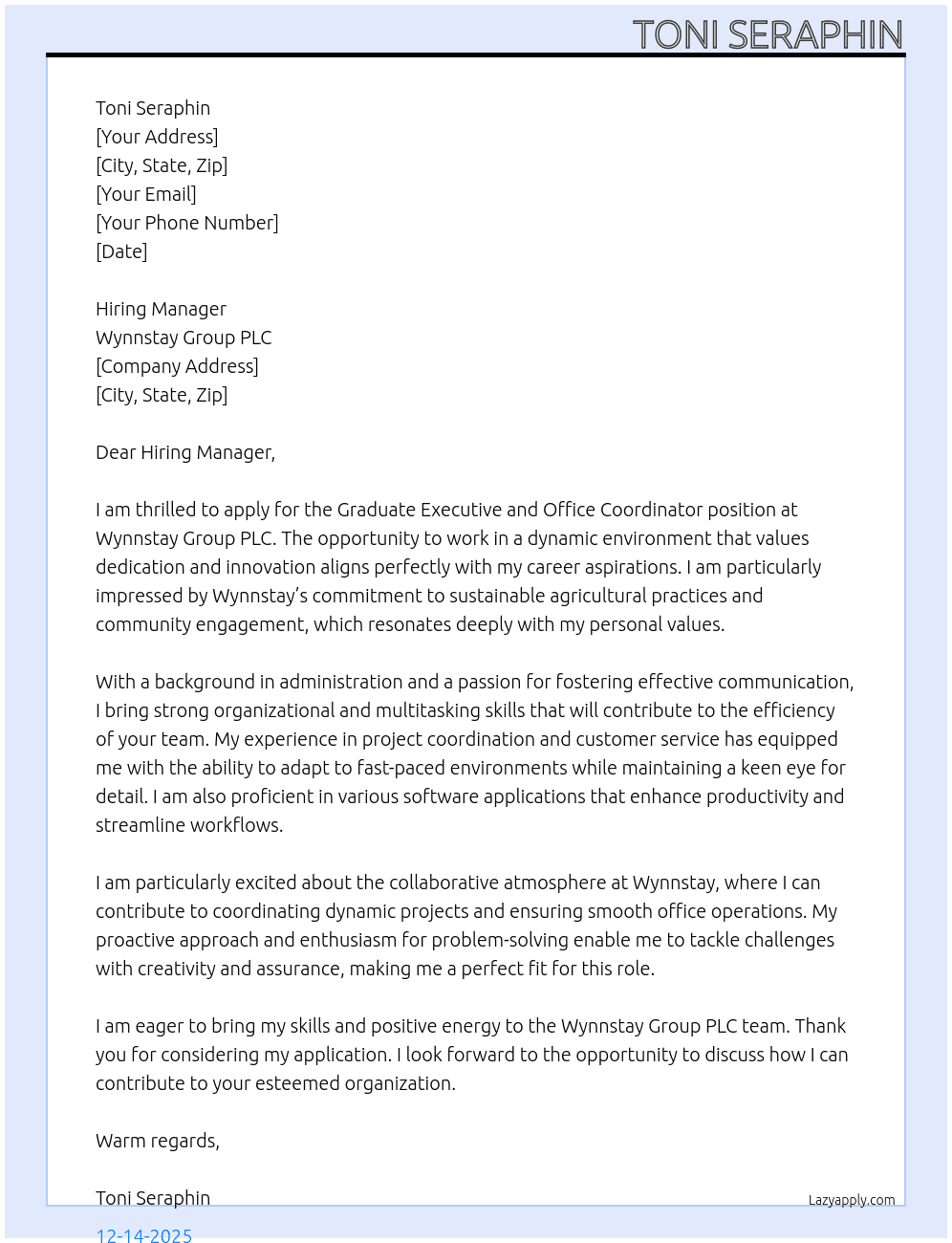 Graduate Executive and office Coordinator At Wynnstay Group PLC Cover Letter
