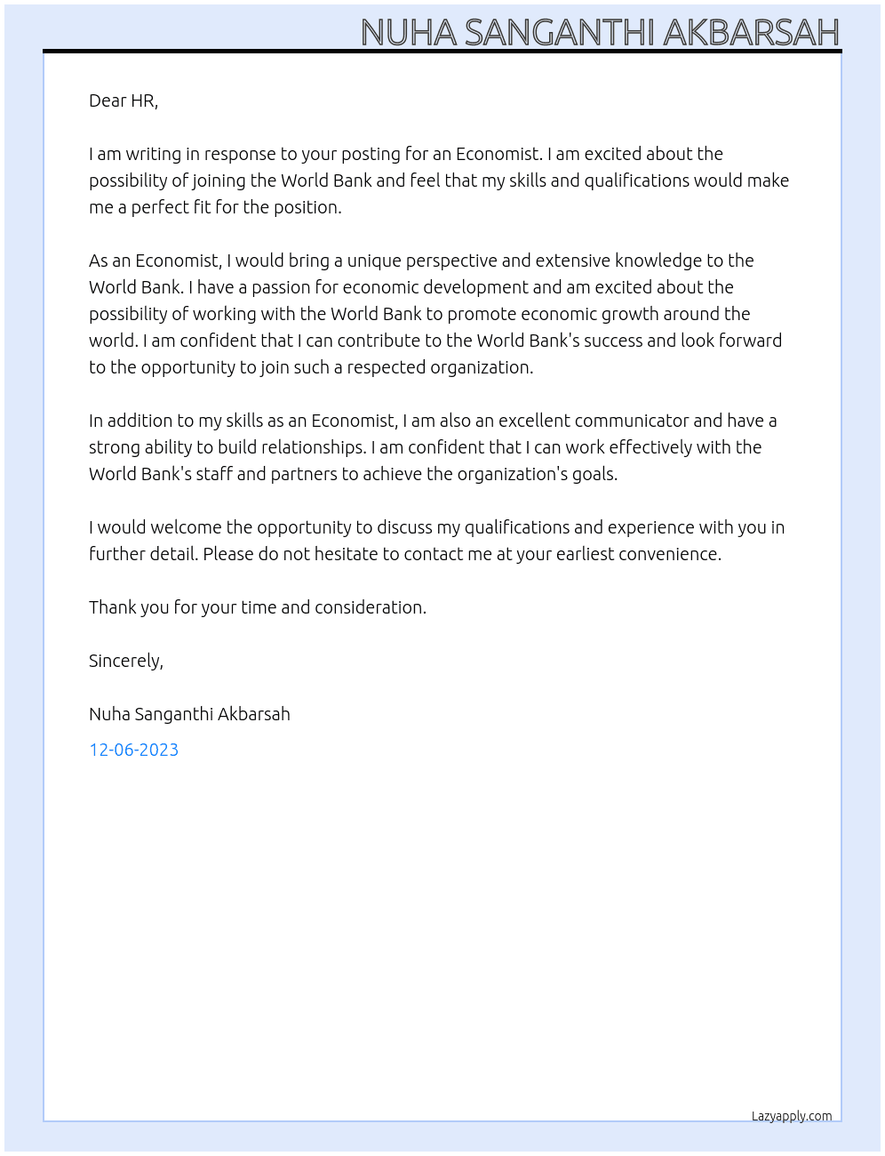 Economist At World Bank Cover Letter