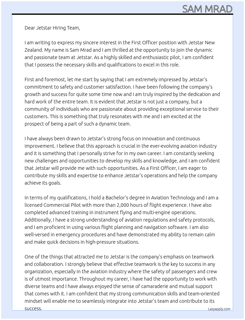 first officer At Jestar New Zealand Cover Letter