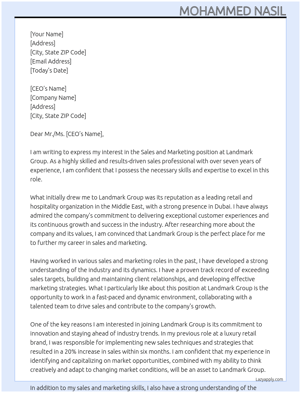 Sales and marketing  At Land mark group  Cover Letter