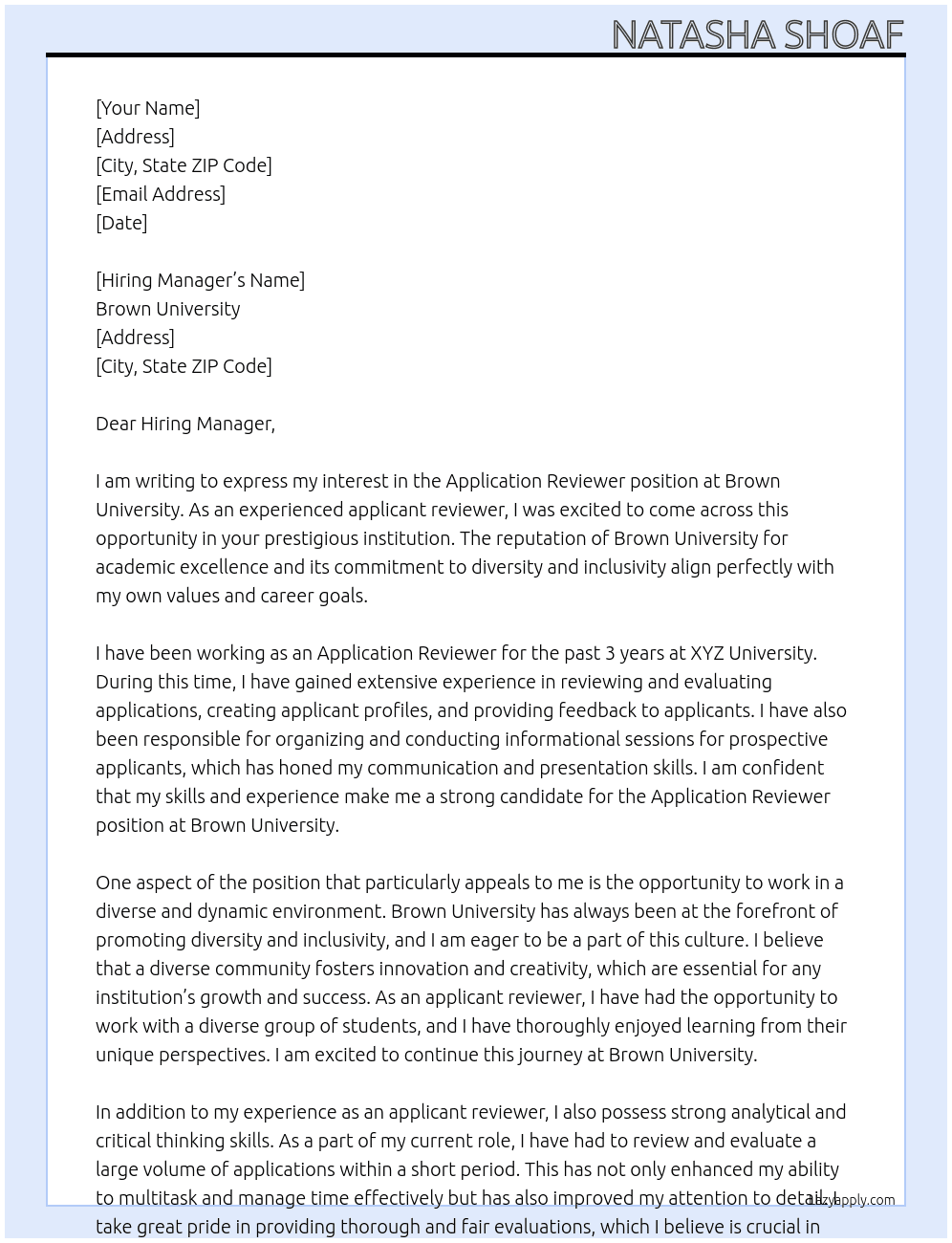 appication reviewer At Brown University Cover Letter