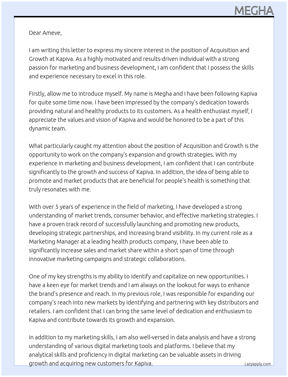 Acquisition and Growth At Kapiva Cover Letter