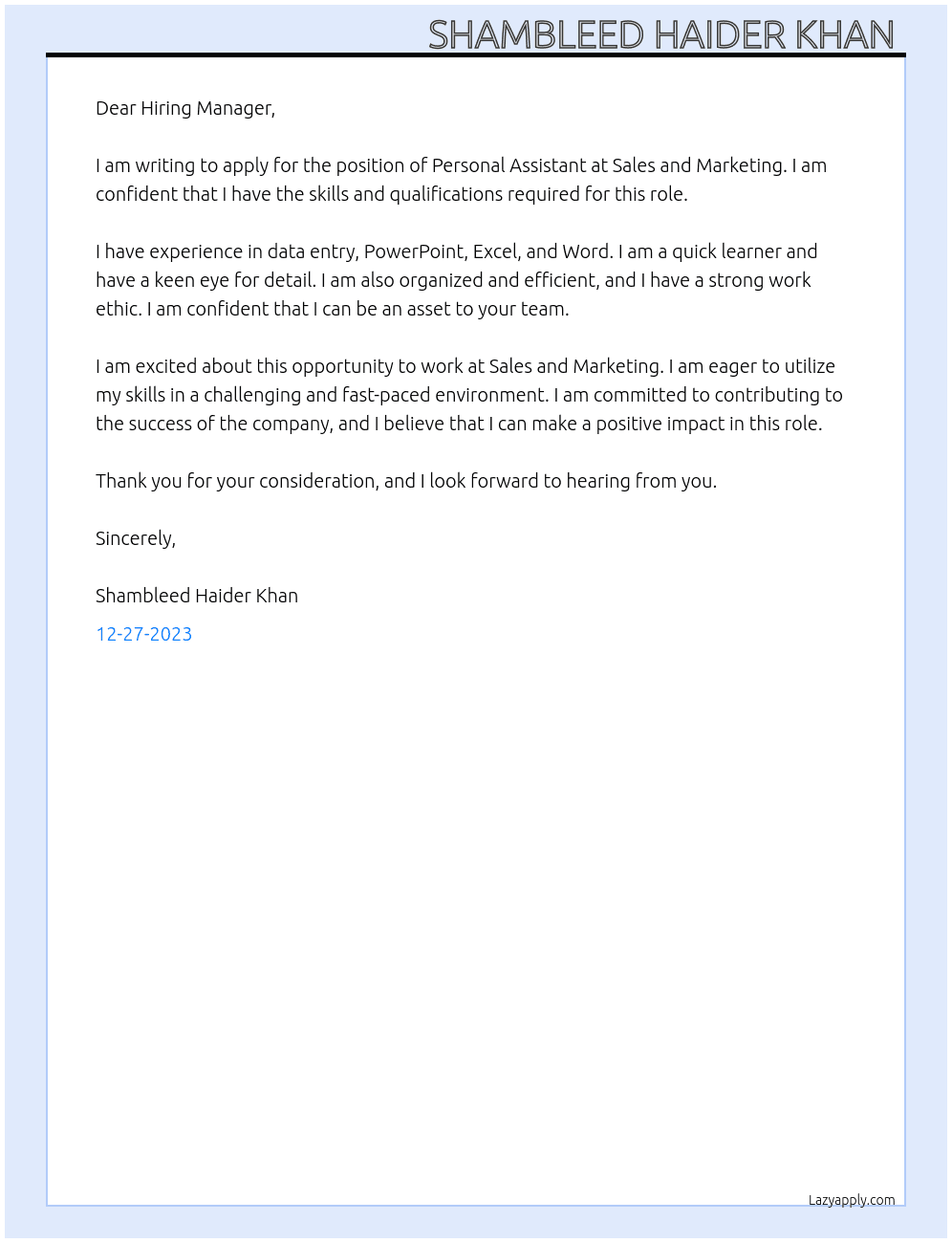 Personal assistant  At Sales and marketing  Cover Letter