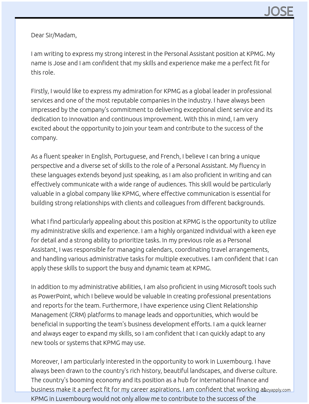 Personal Assistant At KPMG Cover Letter