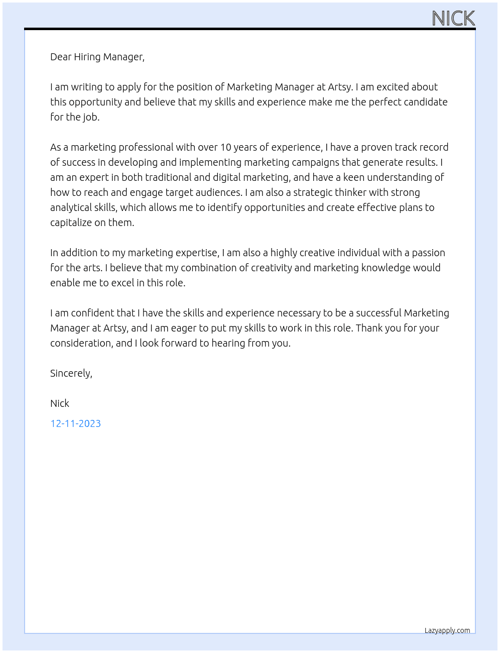 Marketing Manager At Artsy Cover Letter