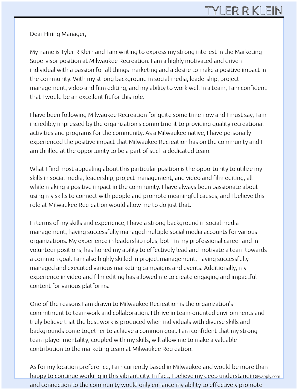 Marketing Supervisor At Milwaukee Recreation Cover Letter