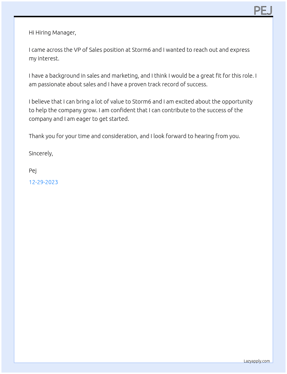 VP of Sales At Storm6 Cover Letter