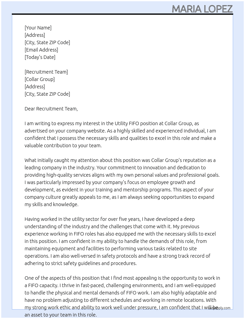 Utility FIFO At Collar Group  Cover Letter