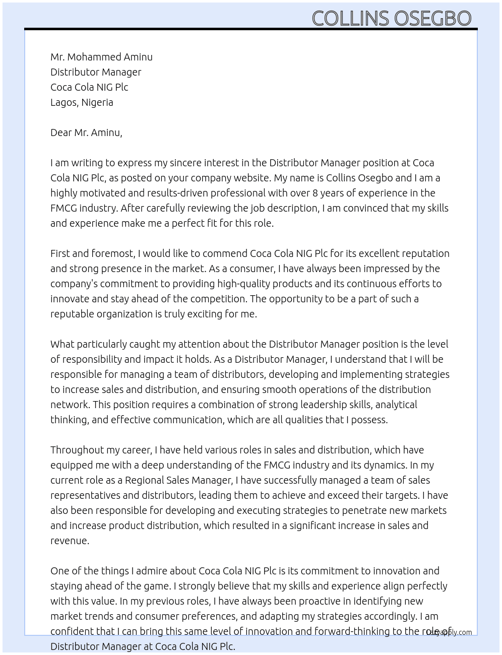 Distributor Manager At Coca Cola NIG Plc Cover Letter