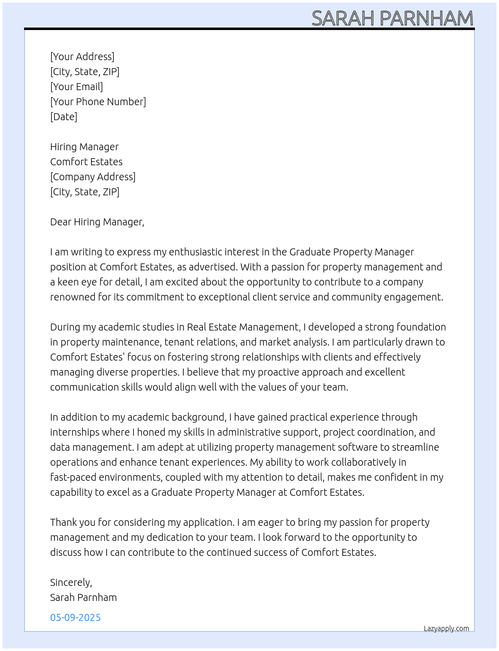 Graduate Property Manager At Comfort Estates  Cover Letter