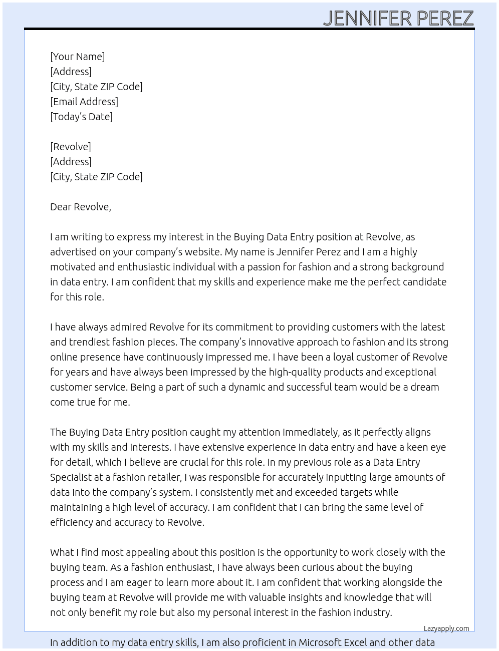 Buying Data Entry At Revolve Cover Letter