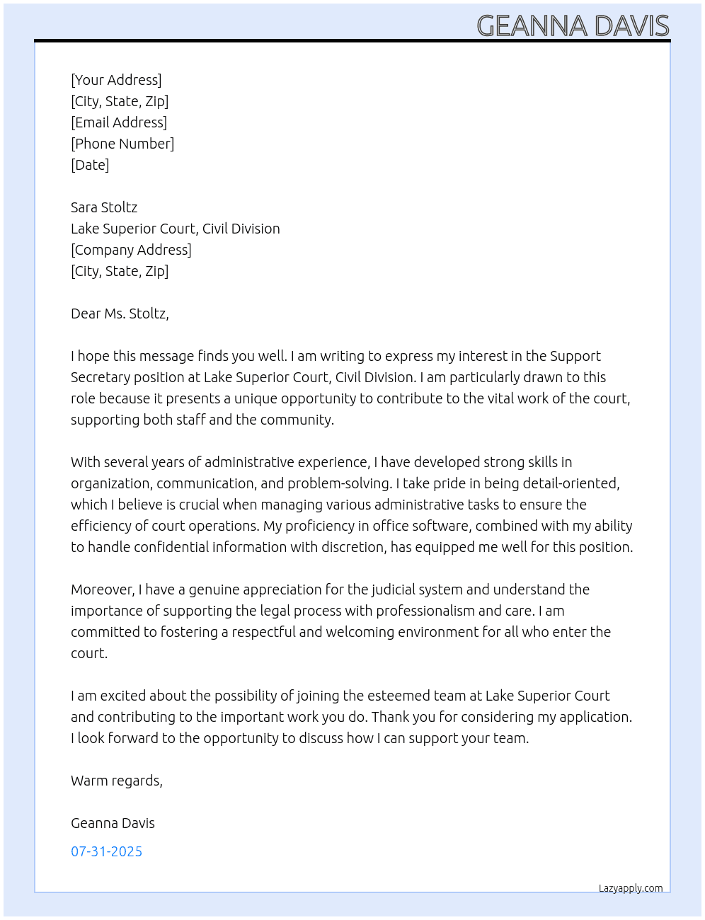 Cover letter for support secretary - LazyApply