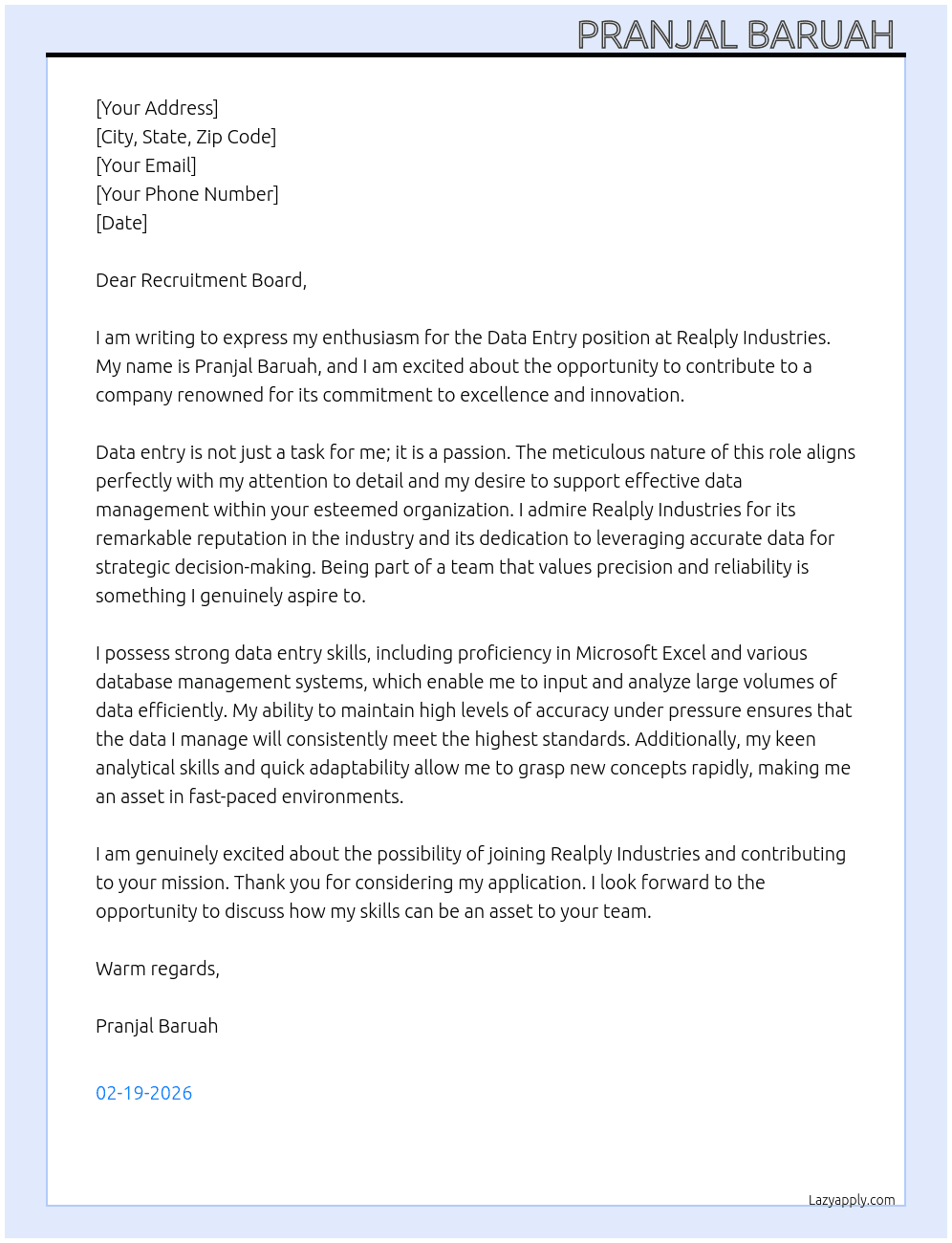 Data entry  At Realply industries  Cover Letter