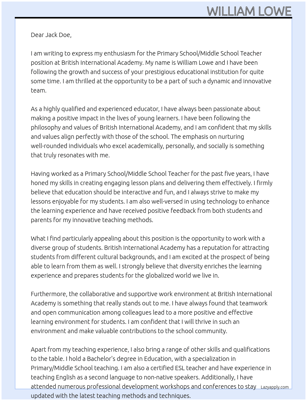 Primary School/Middle School Teacher At British International Academy Cover Letter