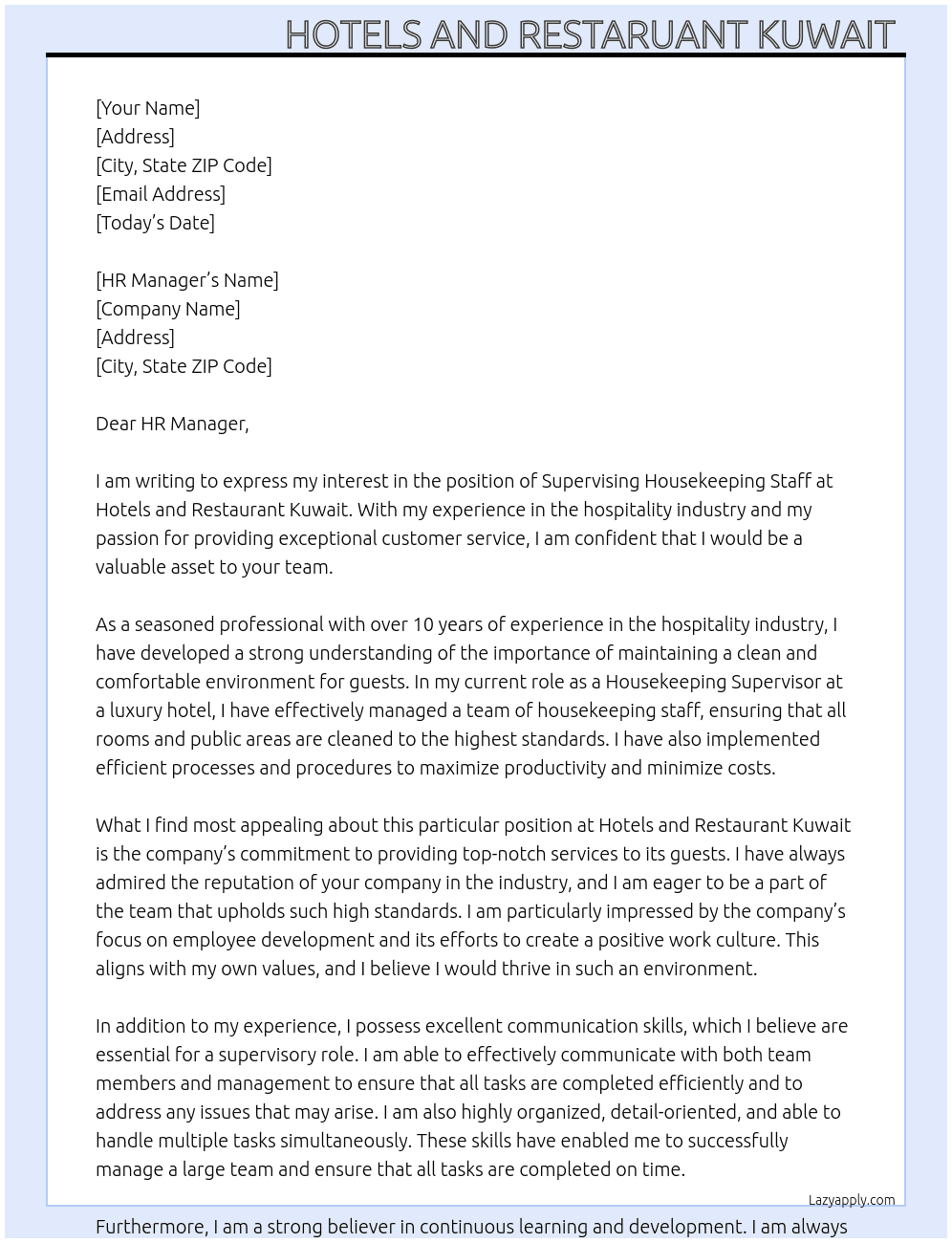 superving house keeping staff  At hotels and restaruant kuwait  Cover Letter