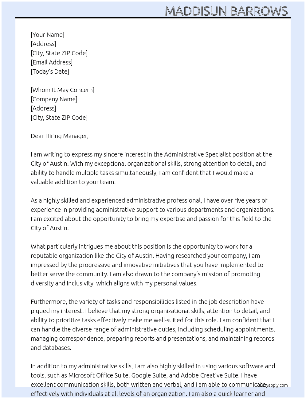 Administrative Specialist At City of Austin Cover Letter