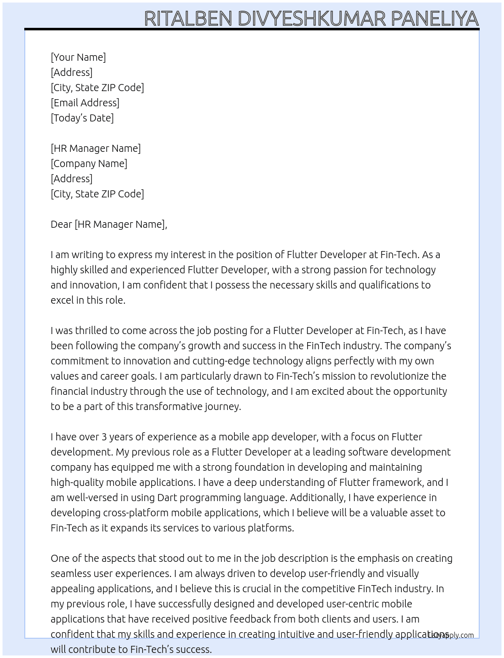 Flutter Developer At Fin-Tech Cover Letter