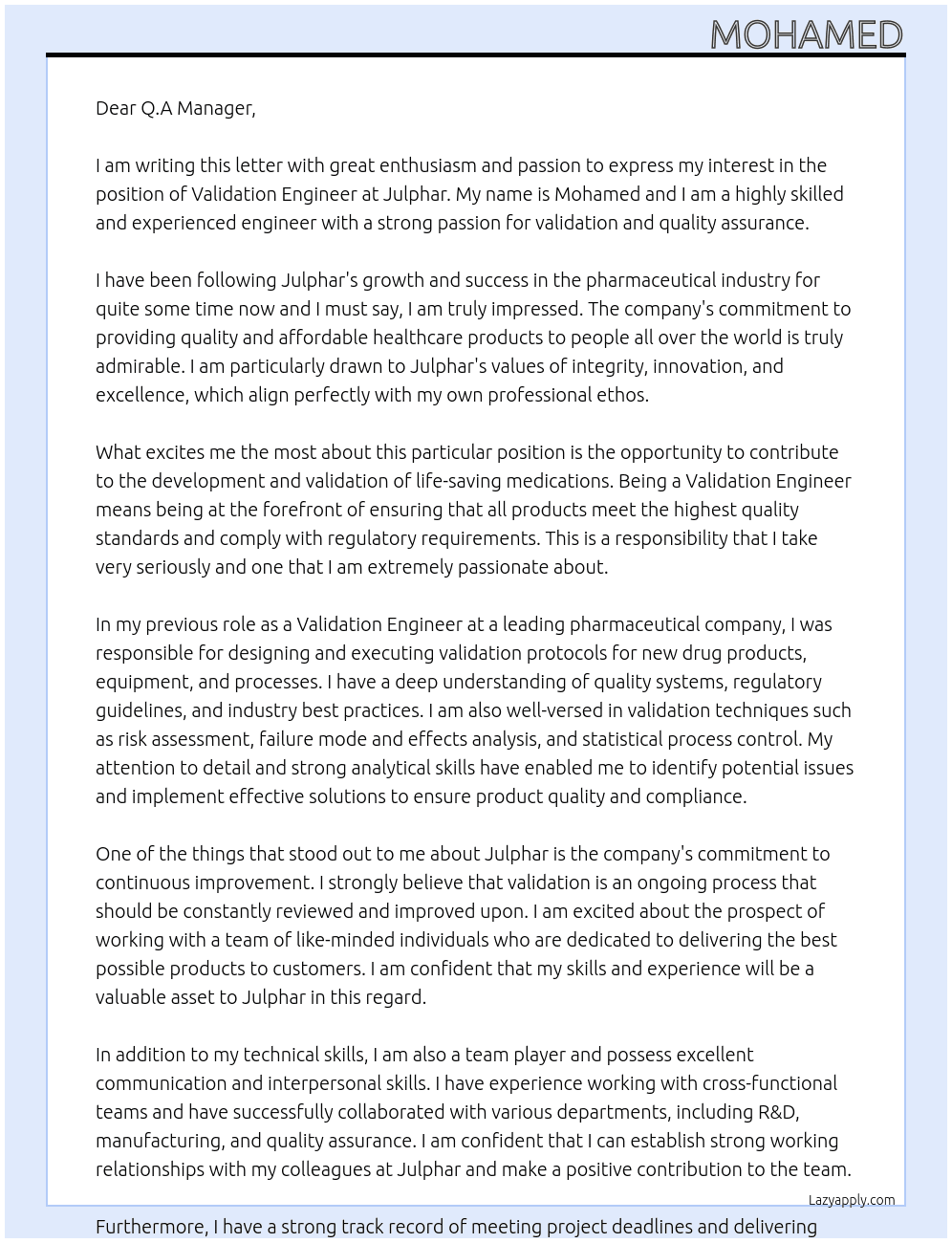 Validation Engineer At Julphar Cover Letter