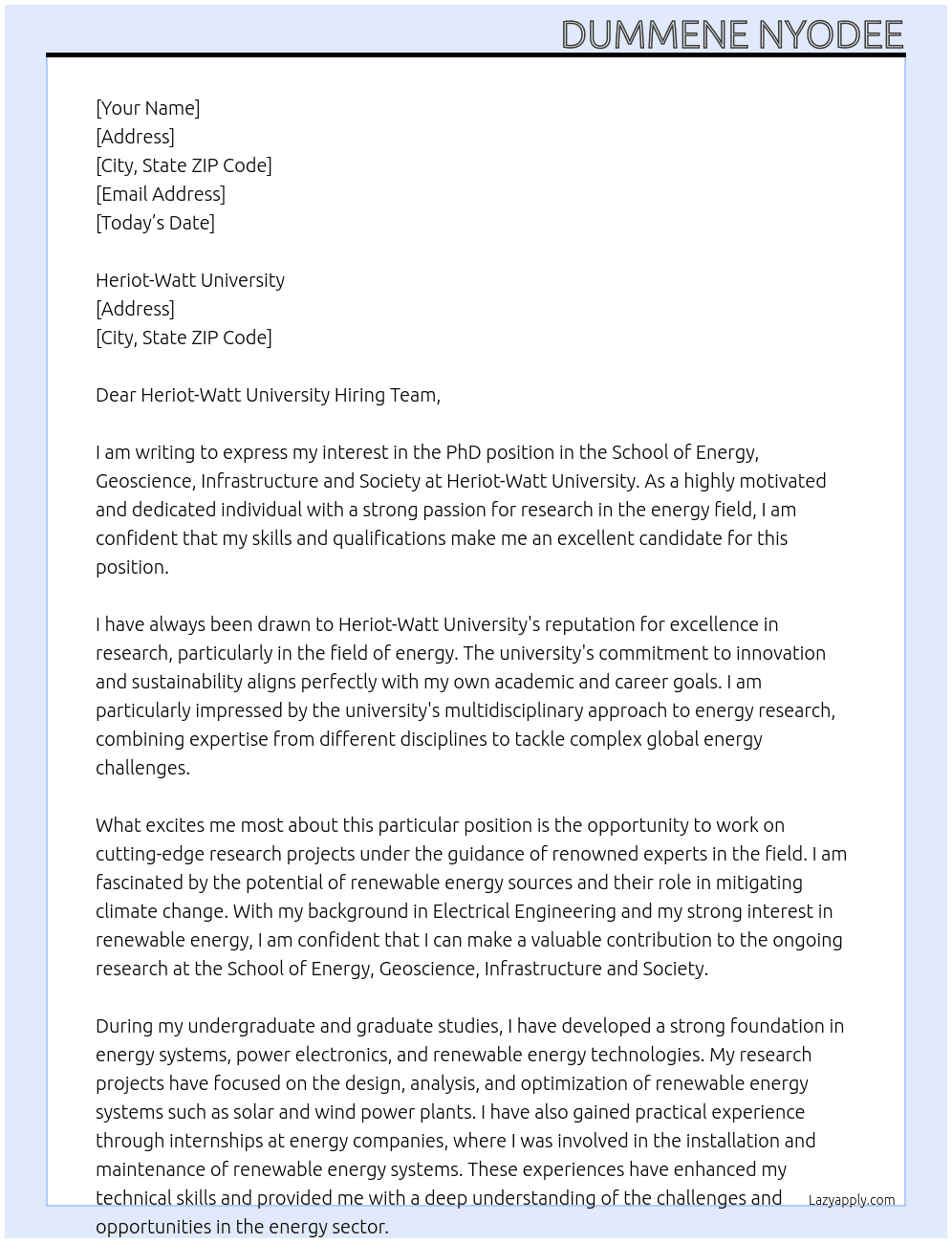 PhD position in School of Energy, Geoscience, Infrastructure and Society At Heriot-Watt University Cover Letter