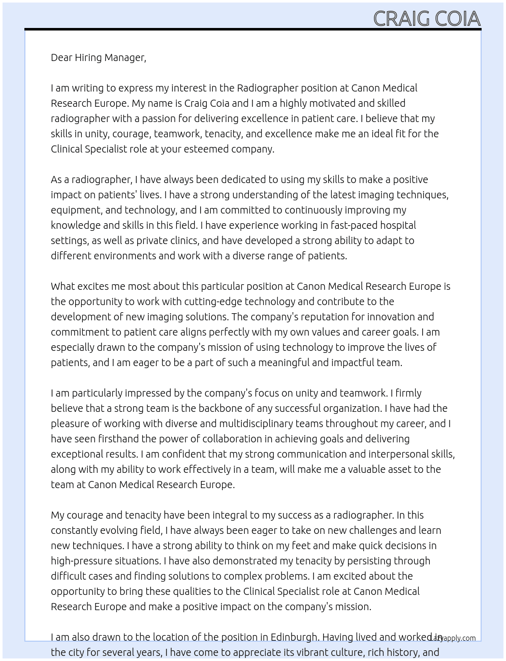 Radiographer At Canon Medical Research Europe Cover Letter
