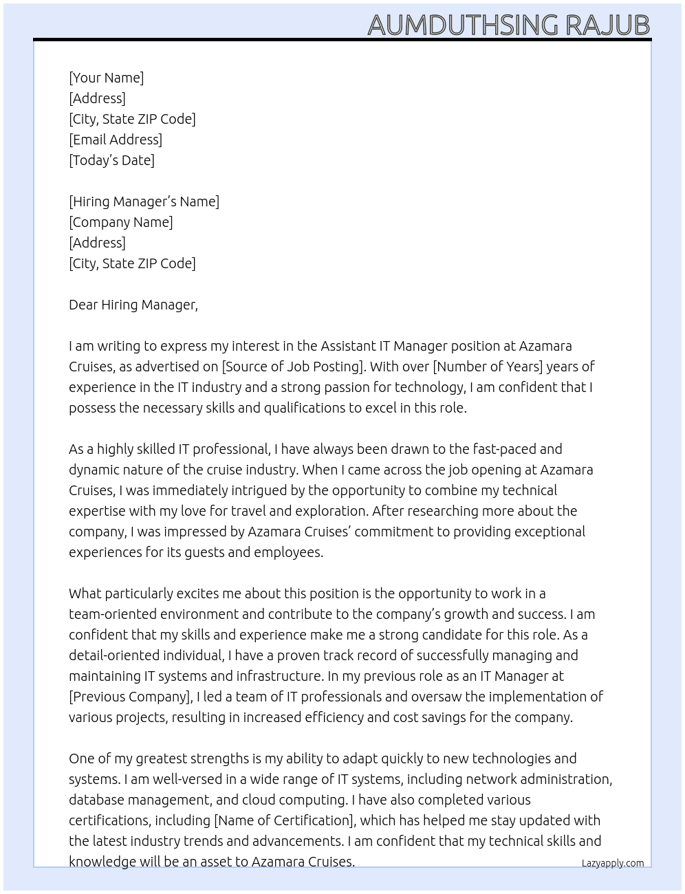 Assitant IT Manager At Azamara Cruises Cover Letter
