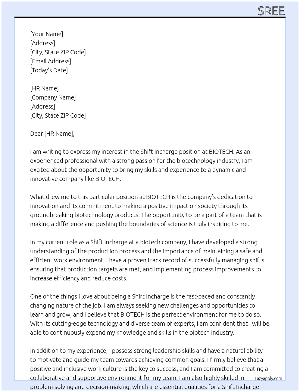 SHIFT INCHARGE At BIOTECH Cover Letter