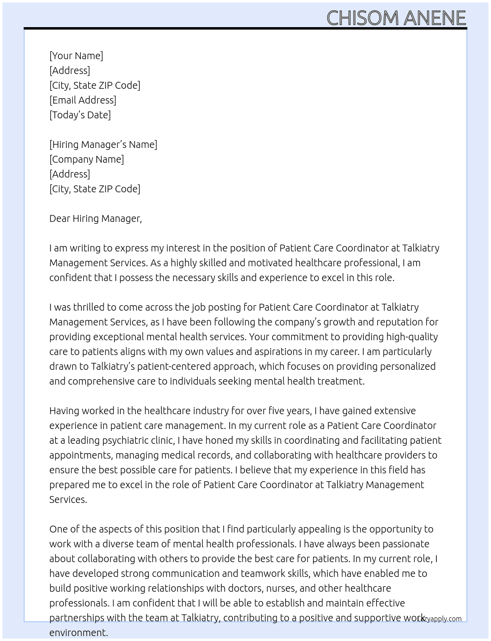 PATIENT CARE COORDINATOR At Talkiatry Management Services Cover Letter