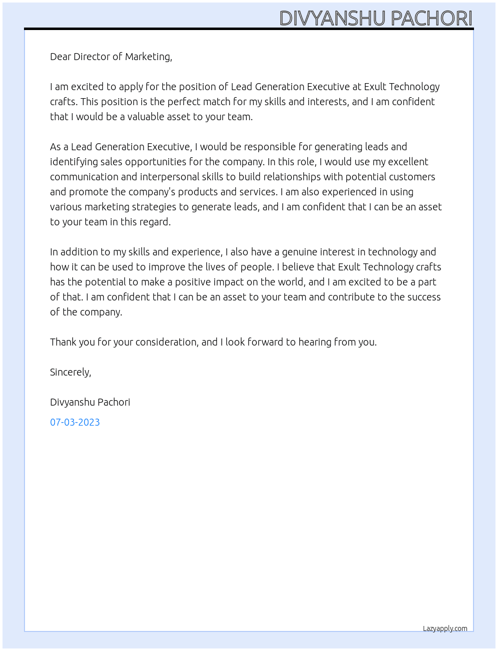 Lead generation executive  At Exult Technology crafts Cover Letter