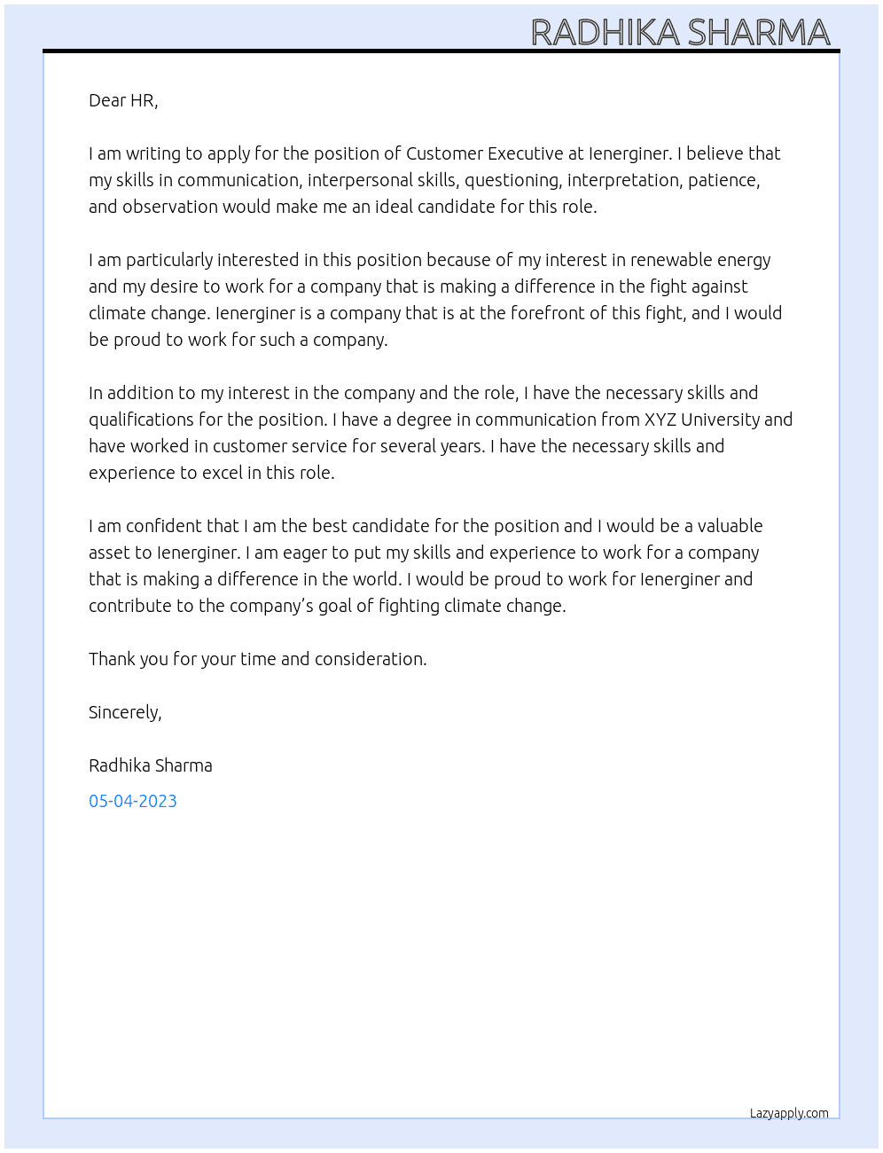 Customer Executive  At Ienerginer Cover Letter