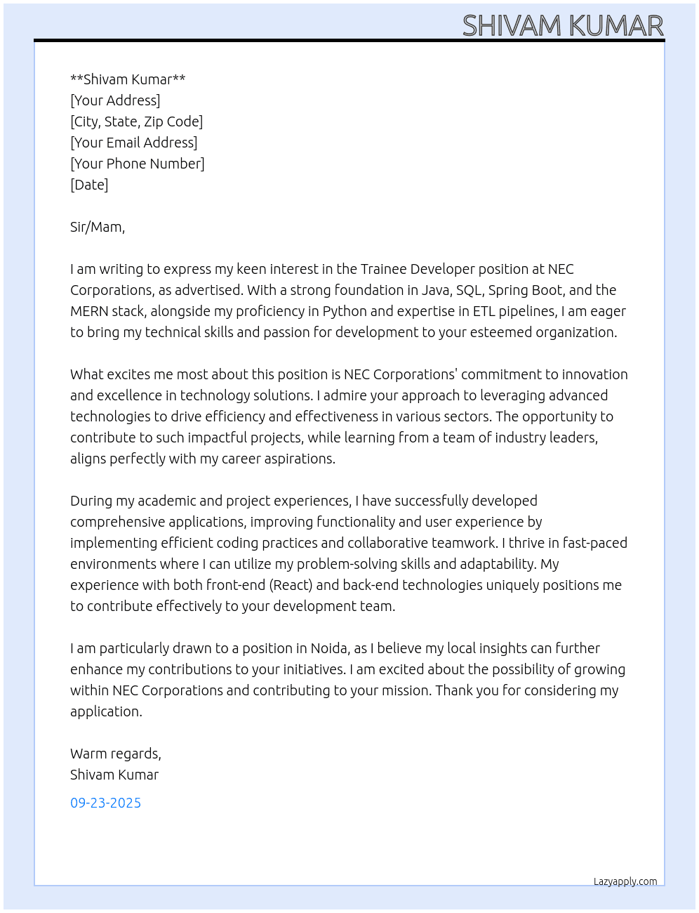Cover letter for trainee developer - LazyApply