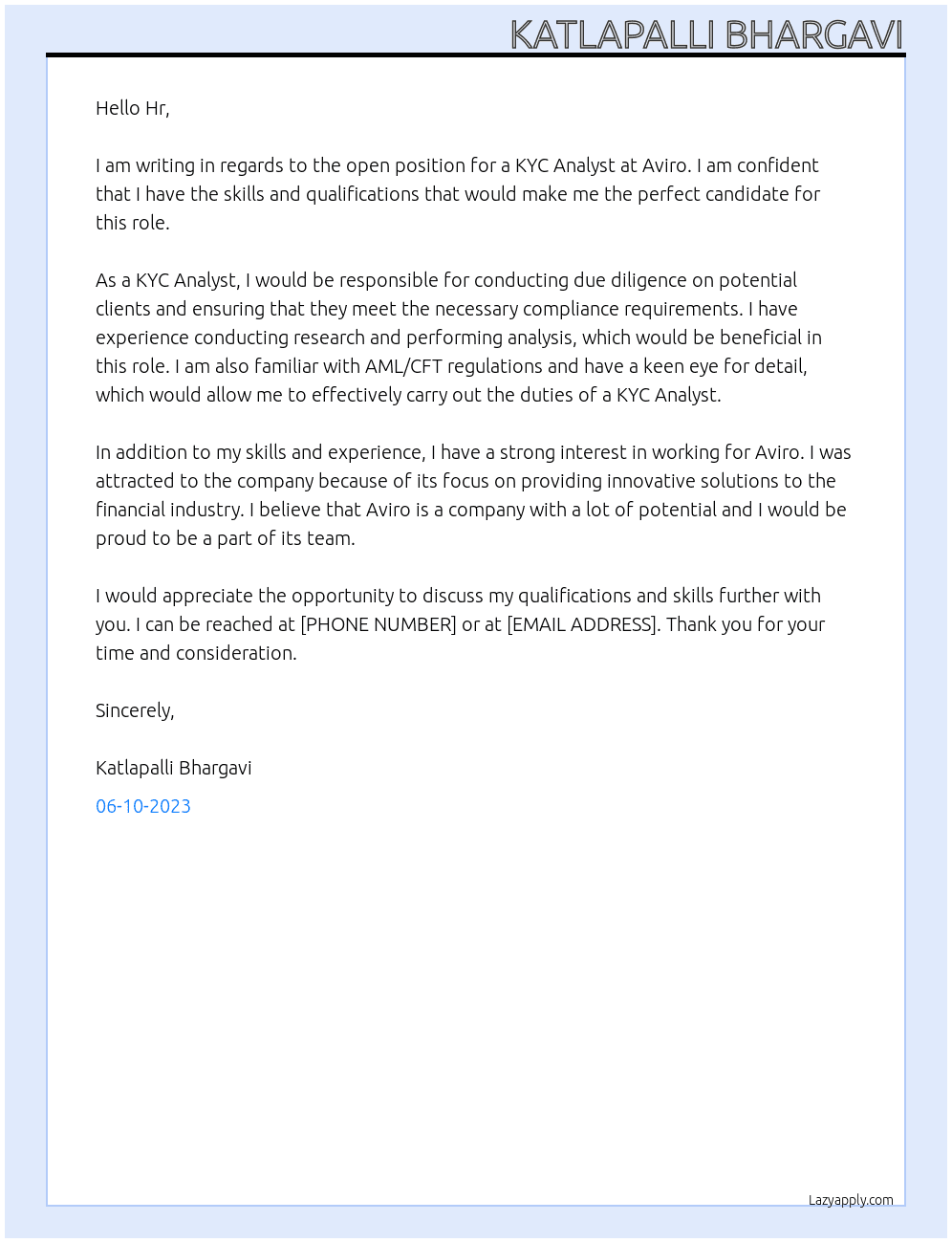 Kyc analysr At Aviro Cover Letter