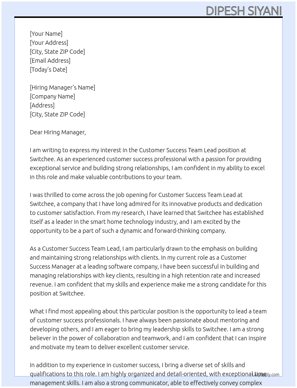 Customer Success Team Lead At Switchee Cover Letter